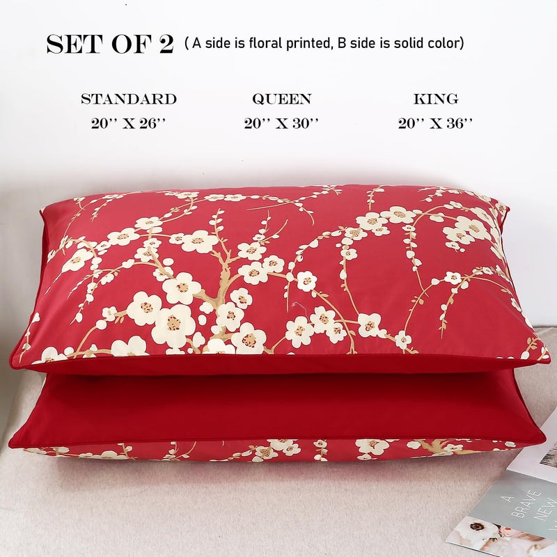 WINLIFE 100% Cotton Pillowcases Set of 2 Floral Printed Pillow Case Beige Plum Blossom on Red Pillow Cover, Queen 20x30'' - Image 4
